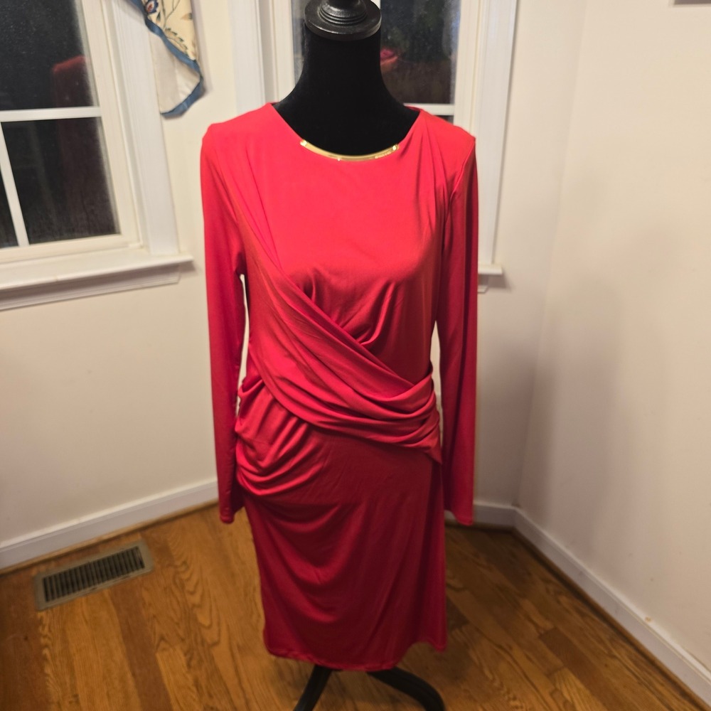 Michael Kors Red Sheath Dress Gold Accent Long Sleeve Party Dress